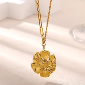 Golden sunflower pendant necklace with unique mixed chain design, minimalist clavicle chain jewelry.