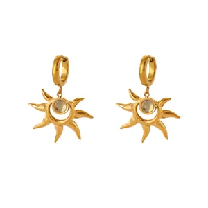 Golden stainless steel sun pendant hoop earrings, fashionable European style jewelry for women.