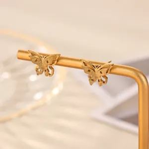 Exquisite gold-plated butterfly stud earrings detail, elegant chic stainless steel jewelry.