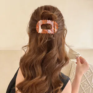 Elegant brown plaid flat shell hair claw clip for women versatile back head styling accessory