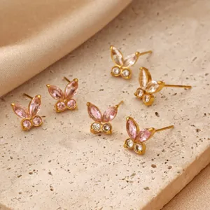 18K Gold Plated 304 Stainless Steel Butterfly Flower Stud Earrings For Women Multi Color Rhinestone Clover Earrings Jewelry