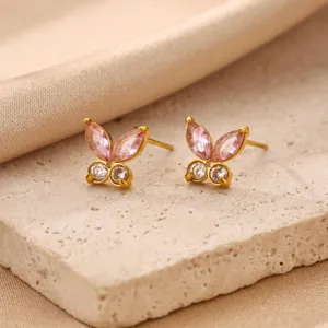18K Gold Plated Stainless Steel Pink Butterfly Cubic Zirconia Stud Earrings Jewelry