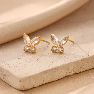 Exquisite 18k gold-plated stainless steel mini butterfly stud earrings with sparkling cubic zirconia.