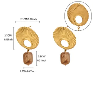 Fashion stainless steel 18k gold plated shell earrings with amber resin pendant detail view.