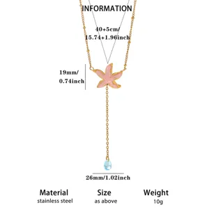 Stainless steel pink starfish lariat necklace detail view, ocean series jewelry spec.