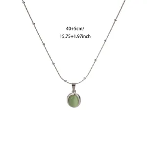 Minimalist titanium steel oval green cat eye stone pendant necklace with beaded chain.