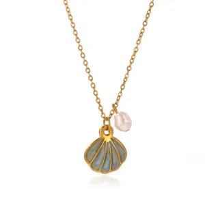 Gold plated stainless steel shell pendant necklace with pink pearl charm for women jewelry.