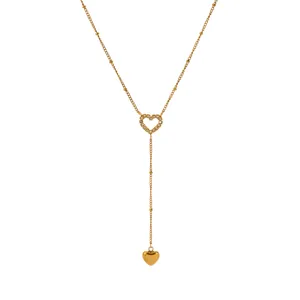 Gold Y-shaped necklace featuring a rhinestone paved heart and a solid drop heart pendant.