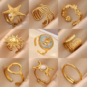 18K Gold Plated Stainless Steel Open Ring For Women Minimalist Geometric Floral Butterfly Heart Star Moon Adjustable Jewelry Finger Ring