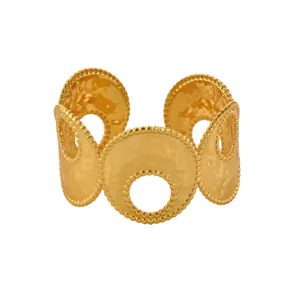 Gold geometric open cuff bracelet with hammered texture and beaded edge design for women.