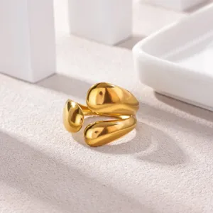 Trendy 18k gold plated stainless steel open ring with unique geometric teardrop design.