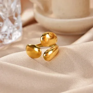 Minimalist 18K gold plated stainless steel open ring with modern organic pebble shape for women.