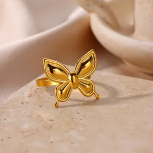 Exquisite 18k gold plated stainless steel butterfly ring, stylish open design for women.