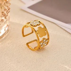 Exquisite 18k gold plated stainless steel floral ring with sparkling rhinestones, minimalist.