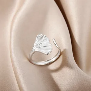 Silver ginkgo leaf open ring elegant fashion minimalist metal jewellery for women daily wear