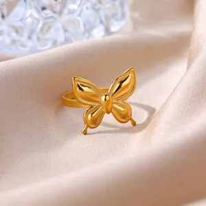 Gold stainless steel butterfly ring for women, trendy ins style chunky open ring jewelry.