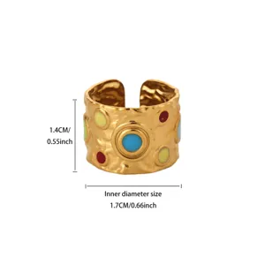 Wide stainless steel 18K gold plated ring with colorful dot details and dimension specs