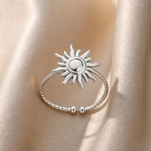 Silver sun open ring detailed view, elegant twist band design for women fashion daily wear.