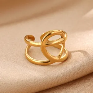 Detailed close-up view of a stylish gold geometric open ring crafted from durable stainless steel.
