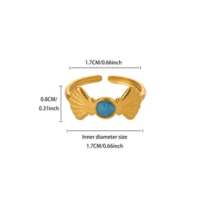 Gold plated stainless steel open ring with blue oil center and shell details, size 1.7cm.