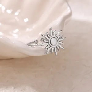 Exquisite stainless steel sun ring detail view, minimalist geometric silver fashion jewelry.