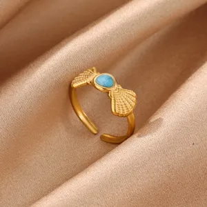 Closeup detail of a trendy 18k gold plated stainless steel ring with a blue stone accent.