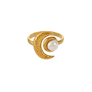 Stainless steel 18K gold moon pearl ring for women, stylish hammer textured jewelry design main view.