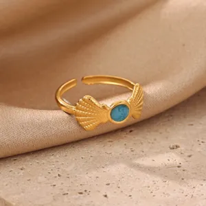 Trendy 18k gold plated stainless steel open ring with blue stone shell detail for women fashion