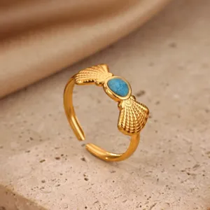 Stainless steel 18k gold plated colorful dopamine bow seashell open ring detail view