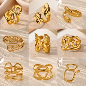 18K Gold Plated Stainless Steel Open Ring For Women Minimalist Geometric Leaf Adjustable Finger Ring Fashion Jewelry Accessory