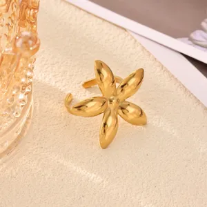Gold plated flower stainless steel open ring for women stylish chic fashion jewelry accessory