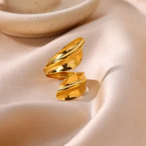 18K Gold Plated Stainless Steel Open Leaf Ring for Women Elegant Geometric Finger Jewelry