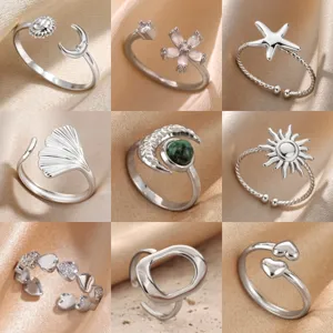 European Fashion 304 Stainless Steel Open Ring For Women Adjustable Moon Sun Star Rhinestone Geometric Flower Leaf Jewelry Finger Ring