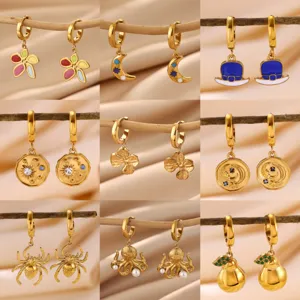 Stainless Steel Plated Gold Flower Drop Earrings Trendy Colorful Oil Drip Sun Star Moon Rhinestone Pearl Huggie Hoop Earrings Jewelry For Women