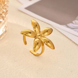 Close-up detail view of a minimalist 18k gold-plated stainless steel flower ring.