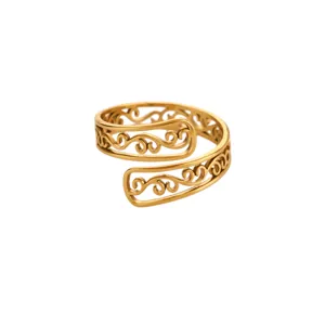 18K gold plated stainless steel open ring with intricate hollow geometric scroll design.