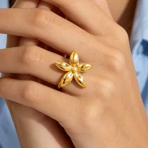Detail shot of 18k gold plated flower stainless steel ring showcasing geometric minimalist design
