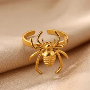 Gold stainless steel spider open ring detail shot, punk style animal design jewelry for women.