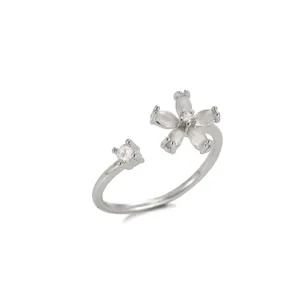 Silver open ring featuring a flower design with opal petals and sparkling cubic zirconia.