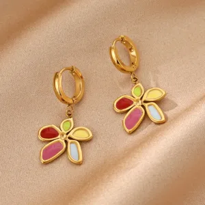 Stainless steel 18k gold plated colorful enamel flower drop earrings sweet jewelry