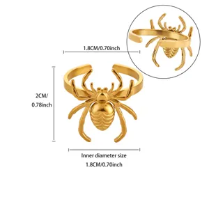 Gold Stainless Steel Spider Open Ring Vintage Punk Animal Finger Jewelry For Women