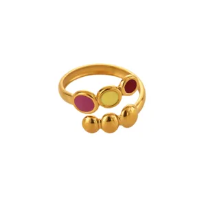 Trendy 18K gold plated stainless steel colorful enamel dopamine open ring for women.