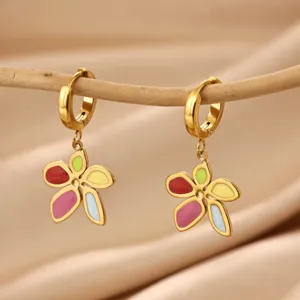 Gold stainless steel colorful enamel flower hoop earrings, sweet and stylish chic jewelry.