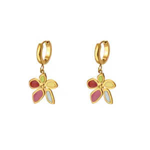 Gold stainless steel colorful enamel flower hoop earrings, chic and sweet daily wear.