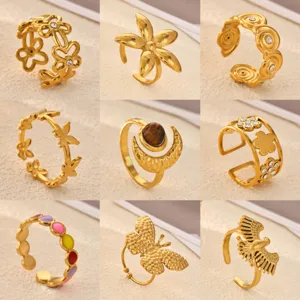 18K Gold Plated Stainless Steel Open Ring For Women Geometric Floral Butterfly Open Adjustment Rhinestone Ring Fashion INS Jewelry Gift
