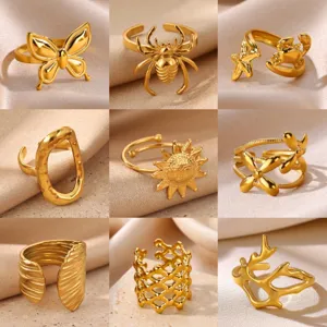 Exaggerated Personalized Texture 18K Gold Plated Stainless Steel Adjustable Open Ring For Women Vintage Butterfly Spider Jewelry