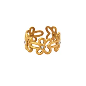 Gold plated stainless steel daisy flower open ring with sparkling crystal stones for women.
