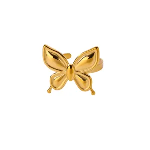 Gold Butterfly Open Ring Stainless Steel 18K Plated Fashion Jewelry for Women Daily Wear