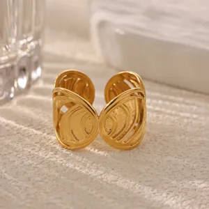 Gold stainless steel geometric open ring vintage minimalist leaf design fashion jewelry