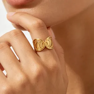 Elegant 18k gold plated stainless steel open ring with vintage geometric hollow design for women